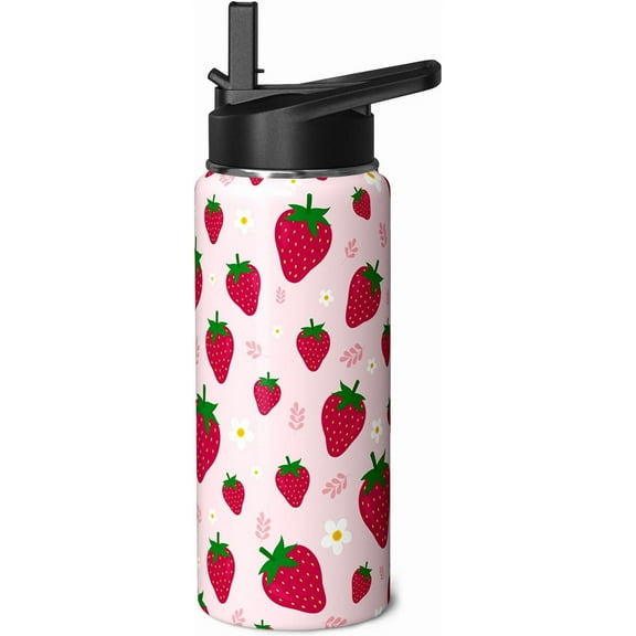 Strawberry Water Bottle 32oz Vacuum Insulated Thermoses with Straw Lid Strawberry Gifts for Women Strawberry Stuff Things for Girls Cute Travel Tumbler Cup Mug
