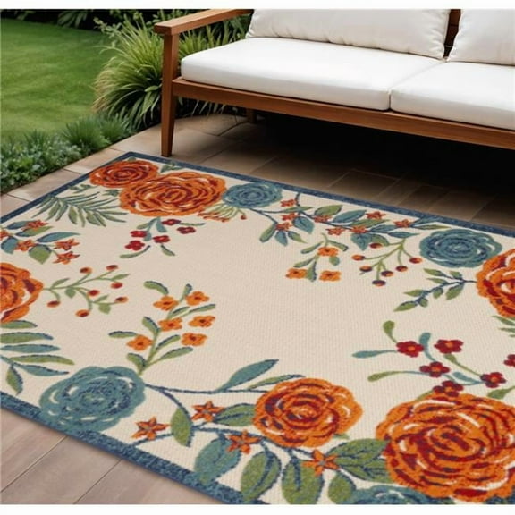 HomeRoots 548092 8 x 11 ft. Ivory Blue & Orange Floral Indoor & Outdoor Rectangle Area Rug