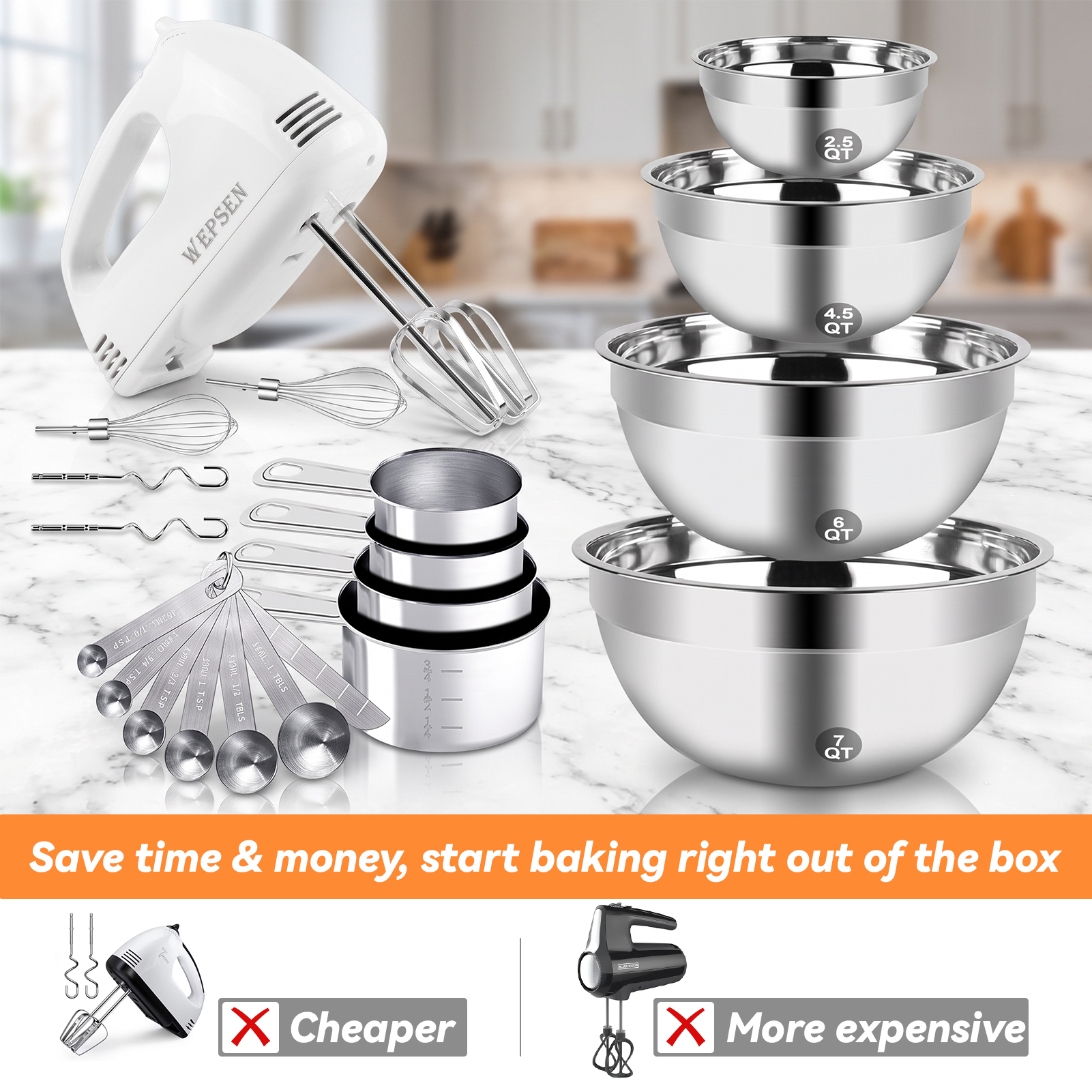 Kosbon 5-Speed Electric Hand Mixer with Stainless Steel Bowls photo 4