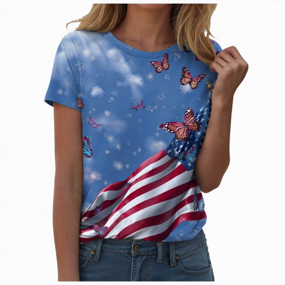 mgoYE Clothing for Women 250th Anniversary USA Clothing Womens American Flag Shirt 4th of July T-Shirt Patriotic Short Sleeve Tee USA Flag Stripe Star Summer Blouse Tops|Light Blue S
