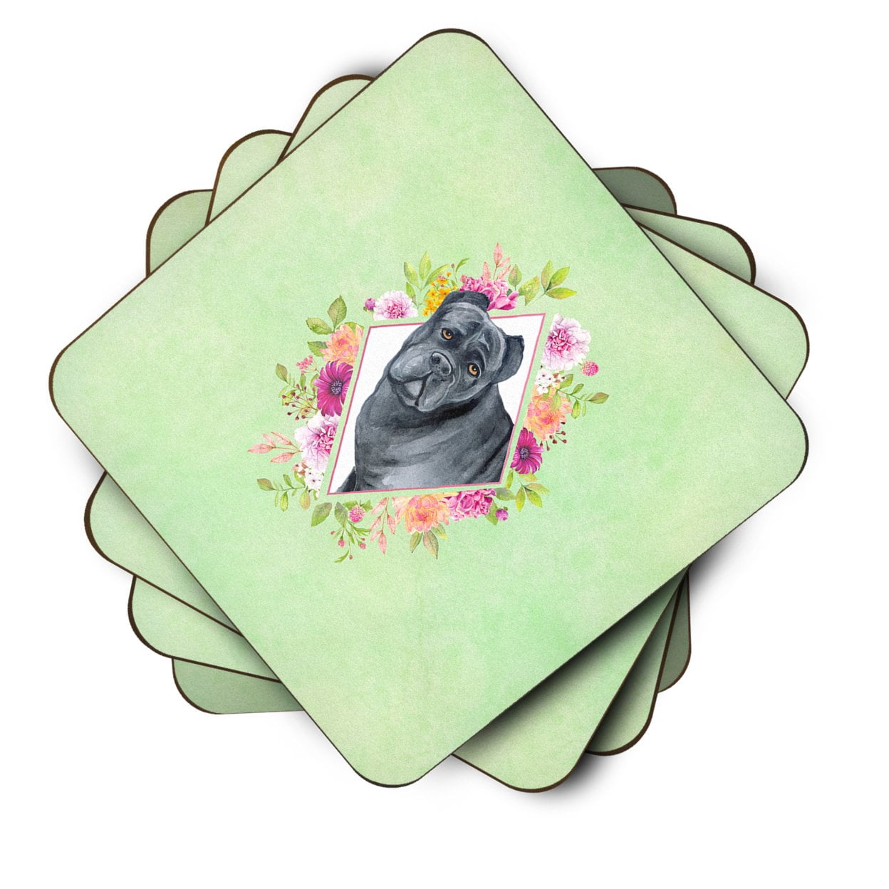 Carolines Treasures CK4285FC Cane Corso Green Flowers Foam Coaster Set of 4 3 1/2 x 3 1/2 multicolor