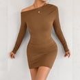 thumbnail image 5 of JIAYUE Women's Dress Mini Off Shoulder Slant Neck Long Sleeve Bodycon With Ruffle Casual Party Wear Trendy Female Dresses, 5 of 7