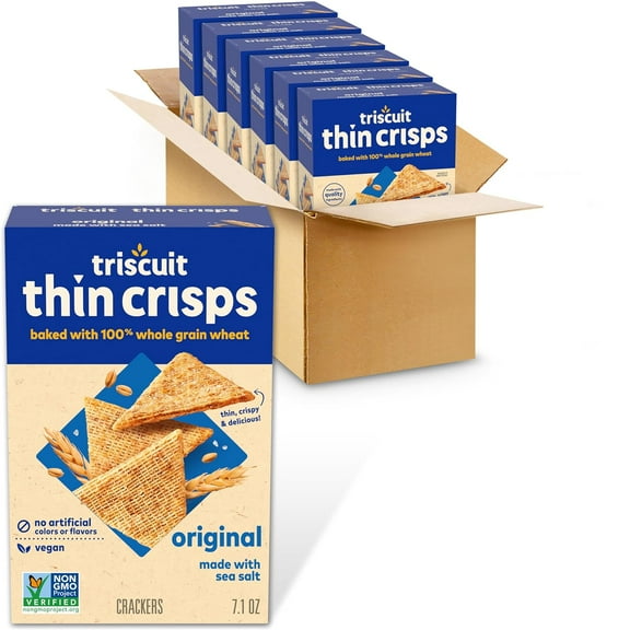 Thin Crisps Original Whole Grain Wheat Crackers, Vegan Crackers, 6 - 7.1 oz Boxes