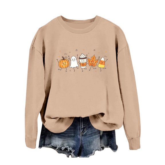 Halloween Fall Graphic Crewneck Sweatshirt Women's Relaxed Long Sleeve Pullover Top With Pumpkin Ghost Candy Corn Maple Leaf Coffee Star Print for Fall Holiday Outfit