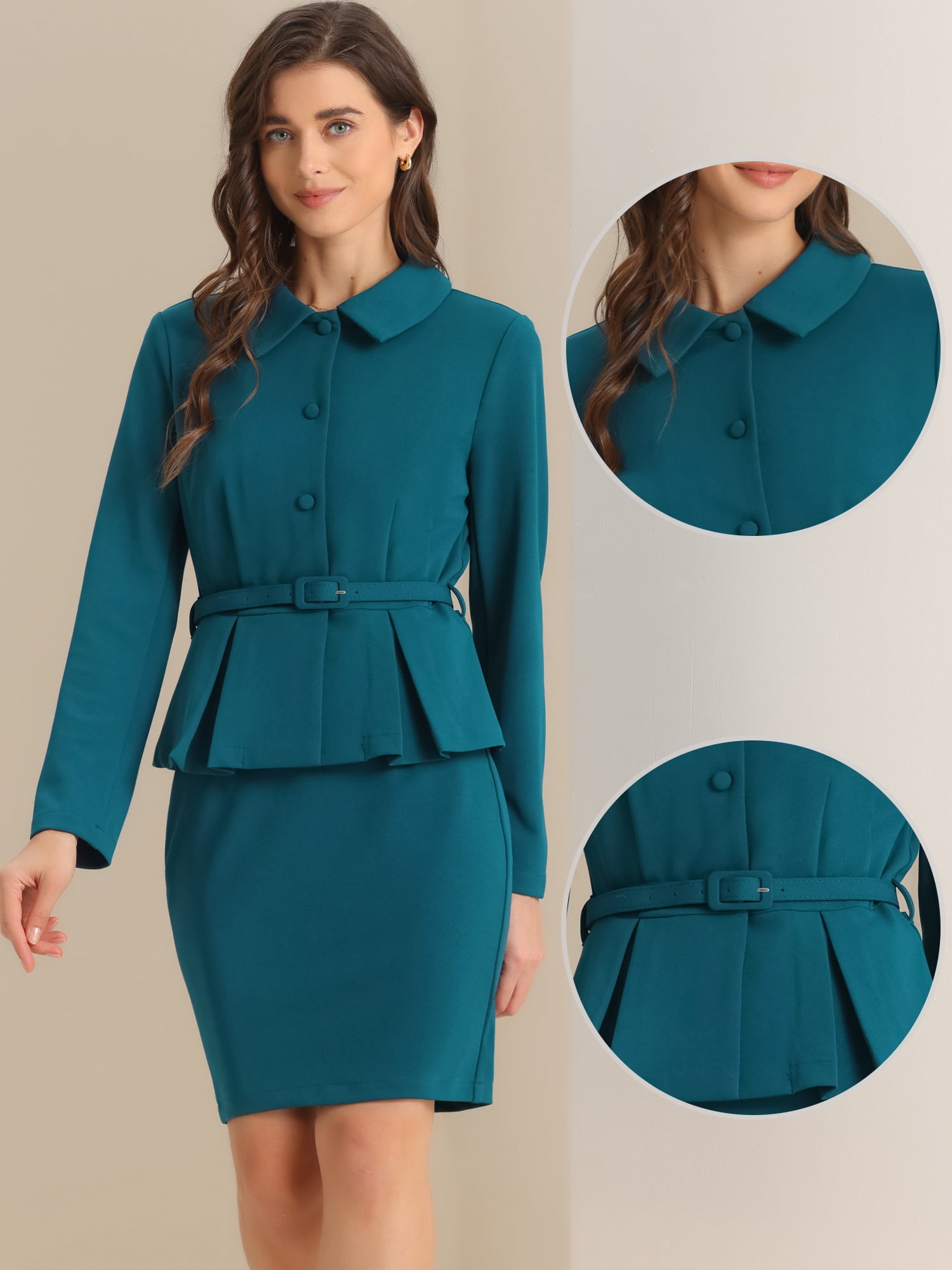 DARING DIVA 2Pcs Women's Business Peplum Blazer Jacket Mini Pencil Skirt Set M Blue Green