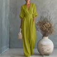 thumbnail image 2 of GILIGEGE Women Linen Blend Wrap V Neck High Waist Half Sleeve Flowy Wide Leg Jumpsuit Romper One Piece Outfit Casual Dressy Elegant Summer Vacation Holiday Soft Breathable Loose Fashion Outfit Green, 2 of 9