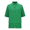 thumbnail image 5 of Timegard 2 Piece Sets for Women Lapel V Neck Button 3/4 Sleeve Shirts Wide Leg Shorts Casual Loose Outfits, 5 of 8