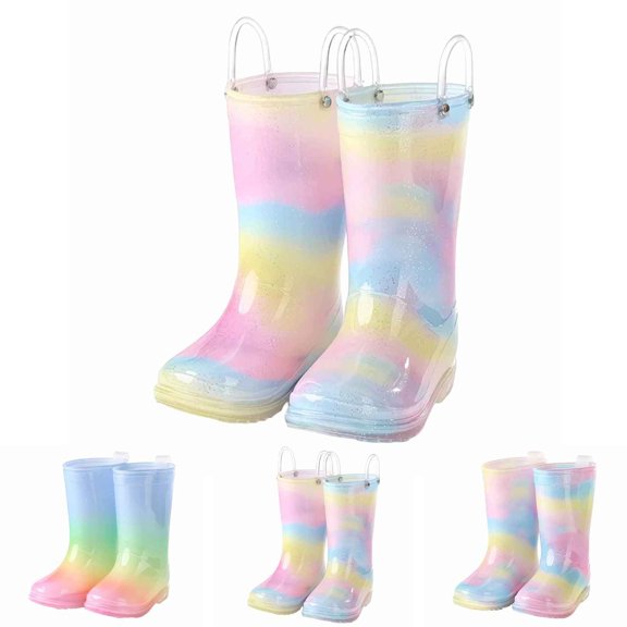 SUYIDA Gradient Rain Boots for Girls Mid Calf Waterproof Easy On Boots Non Slip Sole All Seasons Outdoor Play Boots