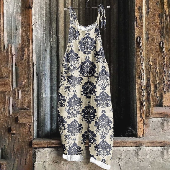 Women's Jumpsuit Print Casual Loose Vintage Shoulder Strap Cotton Linen Spaghetti Strap Jumpsuits Multicolor XXL