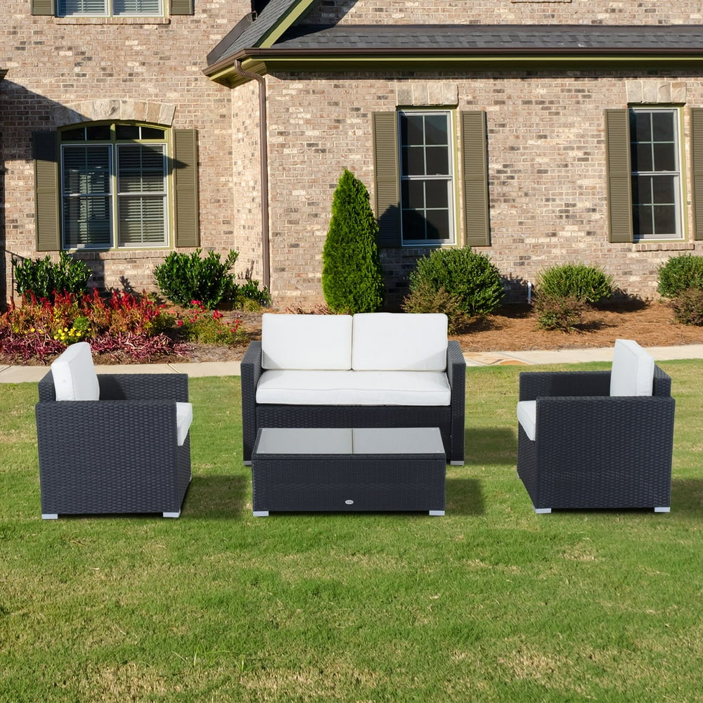 Outsunny 4 Piece Cushioned Outdoor Rattan Wicker Sofa Sectional Patio