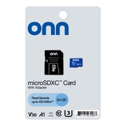 onn 64GB C10 U3 V30 A1 microSDXC Flash Memory Card with Adapter, for Phones, Tablets & Drones