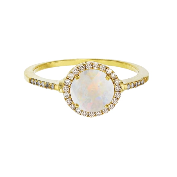 Decadence Sterling Silver Yellow 7mm Round Opal & Created White Sapphire Halo Ring