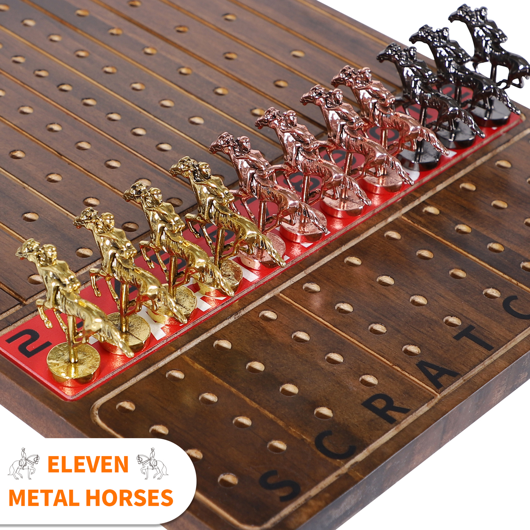 Horse Race Board Game Racing Game Flame Color Thickened Solid Wood with 11 Luxurious Durable Classic Metal Horses 15.6 x 10 x 10 Inch