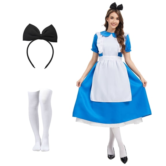 GYQMBT Women Blue Princess Dress Adult Fairytale Party Costume,Classic Movie Characters Costume with bow headband and stockings for Halloween Cosplay,S