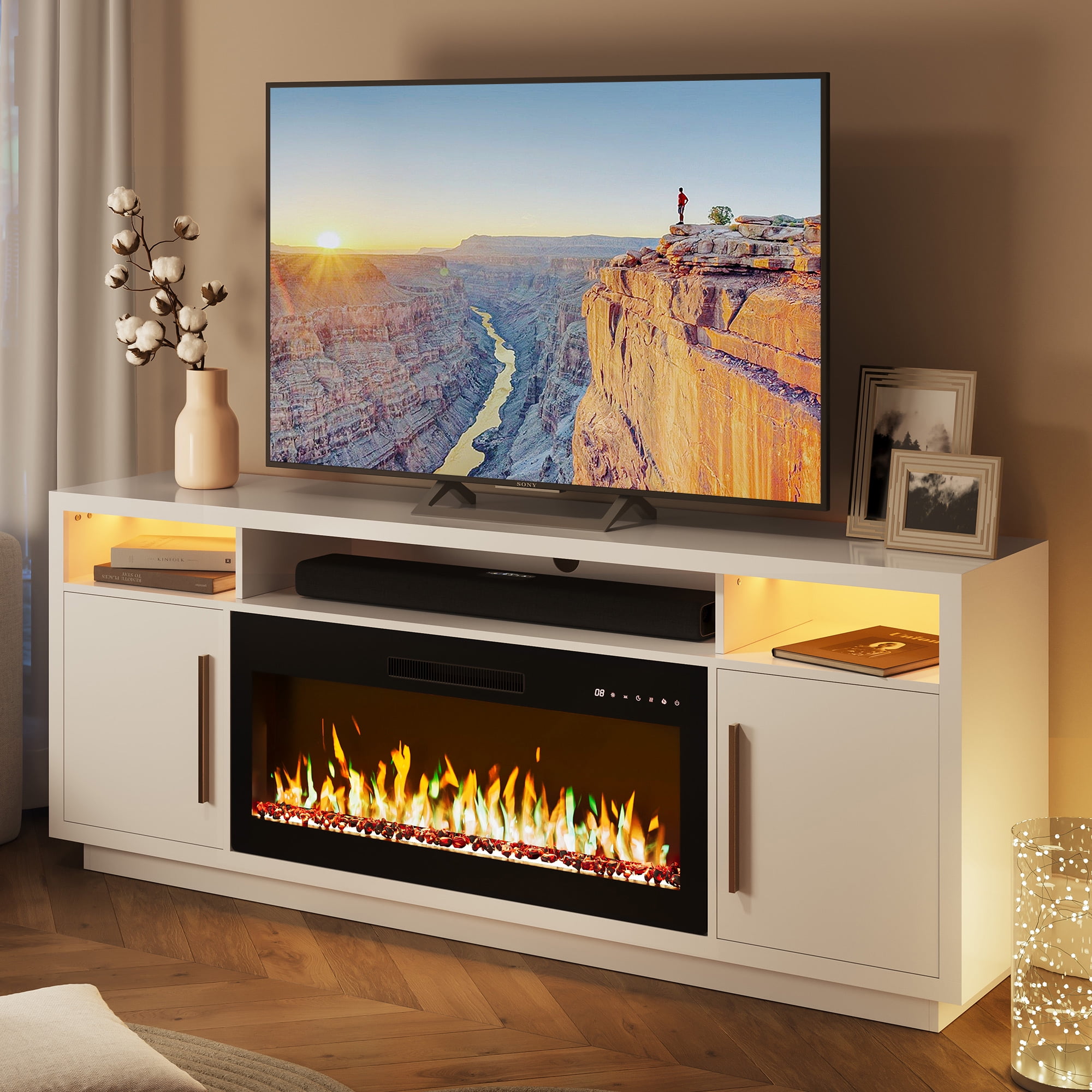 BELLEZE Fireplace TV Stand for TVs Up To 75", Entertainment Center with 36" Electric Fireplace, LED Ambient Lighting, and Storage, Media Console Table 69 Inch - Avenue (White)