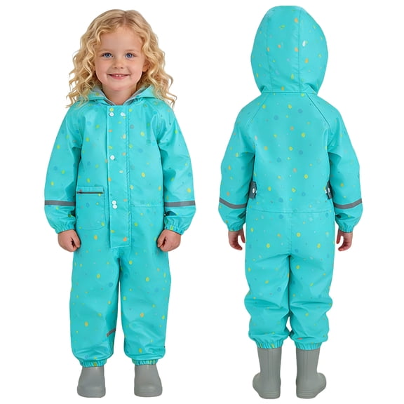 hengsof Girls Hooded Rain Suit Fashion Print Button Waterproof One Piece with Bib Pants Outdoor Anti Stain Coverall for Kids Ages 1-8
