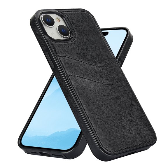 for iPhone 15 Plus 2 Card Slots Premium PU Leather Back Case with TPU Inner, Slim Thin Vintage Anti-drop Raised Frame Protection Shockproof Case Cover for iPhone 15 Plus, Black