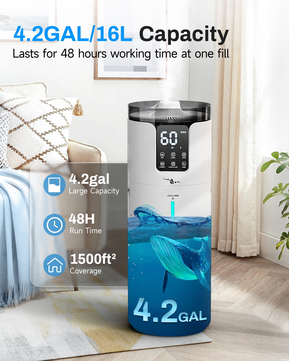 Large Room Humidifier 4.2gal for Home Bedroom, Whole House Top Fill Cool Mist Humidifier with Touch & Remote Control, Lacidoll