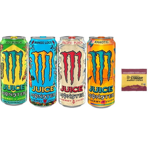 Monster Juiced Energy Drink Variety Pack: Rio Punch, Khaotic, Pacific Punch, Mango Loco (Pack of 16)   Stinger Energy Chews
