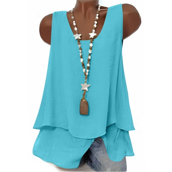 cocolona Summer Tank Tops for Women Double Layer Sleeveless Linen Shirts Fashion Casual Loose Solid Color Blouses
