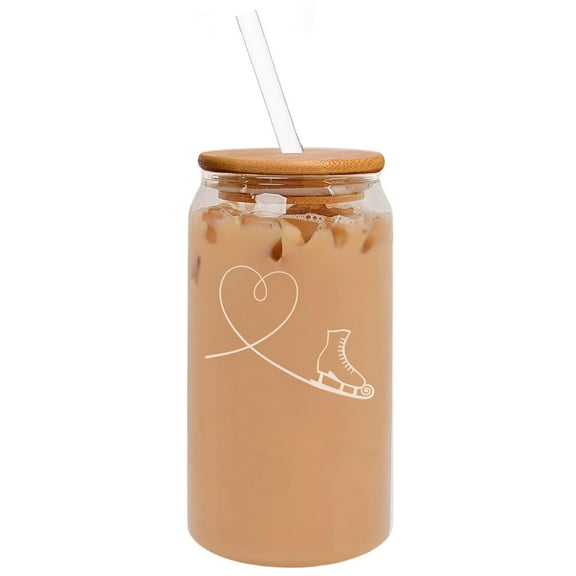 16oz Can Shaped Glass Iced Coffee Cup with Bamboo Lid and Straw Gift Heart Love Ice Skating