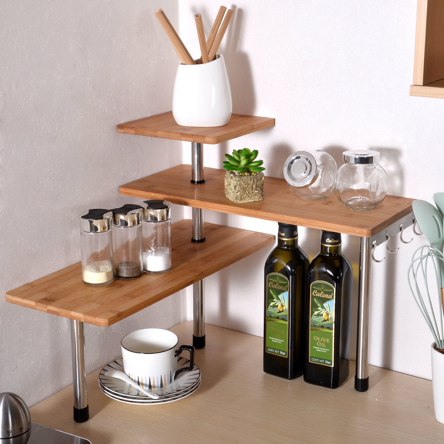3 Tier Kitchen Desktop Corner Shelving Unit Bamboo and Stainless Steel ...