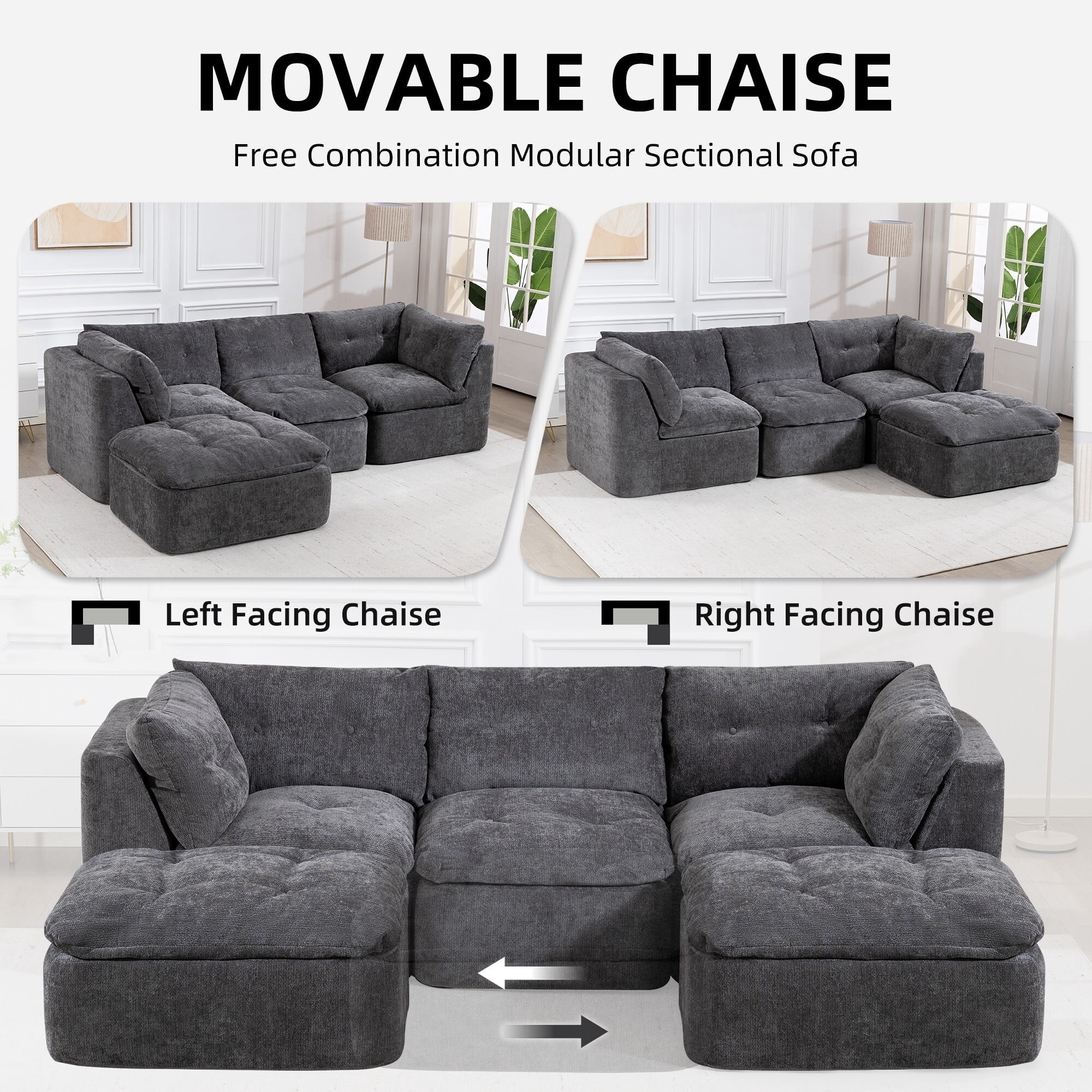 DEALTOPS 111" Modular Sectional Sofa with Ottoman, 4-Seat Convertible Chenille Cloud Couch, Dark Gray