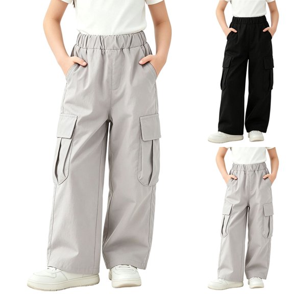 SROBPTY Fall Winter Teens Boys Girls Pants Solid Wide Leg Cargo with Pockets