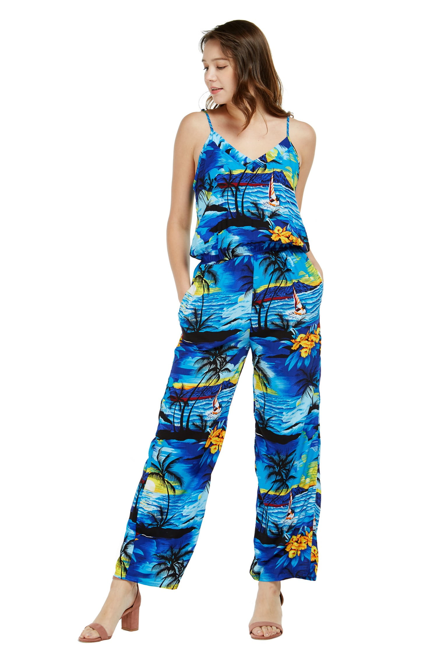 Hawaii Hangover - Women's Hawaiian Strap V with Pockets Jumpsuit in Sunset Blue L - Walmart.com