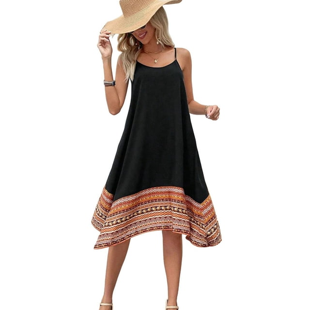 Vestido Bohemio con Bloques de Color para Mujer, Estilo Hawaiano, con Tirantes Finos y Vuelo. Negro L