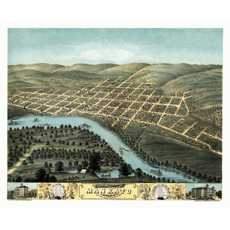 Historic Map Of Mankato Minnesota 1870 Blue Earth County Canvas Art 18 X 24