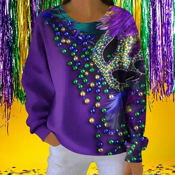 Craaazy Mardi Gras Shirts for Women Casual Long Sleeve Carnival Pullover Tops Gifts