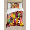 thumbnail image 3 of Birthday Duvet Cover Set Queen Size, Colorful Fun Graphic Lettering with Stars Dots Daisies on a Blurred Background, Decorative 3 Piece Bedding Set with 2 Pillow Shams, Multicolor, by Ambesonne, 3 of 3
