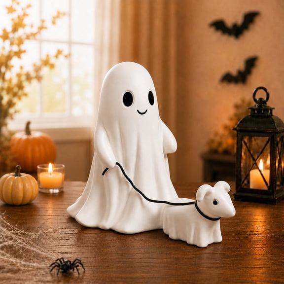 Vidonio Ghost Walking Dog Statue, 5.9 in Resin Halloween Figurine, Classic White Tabletop Decor