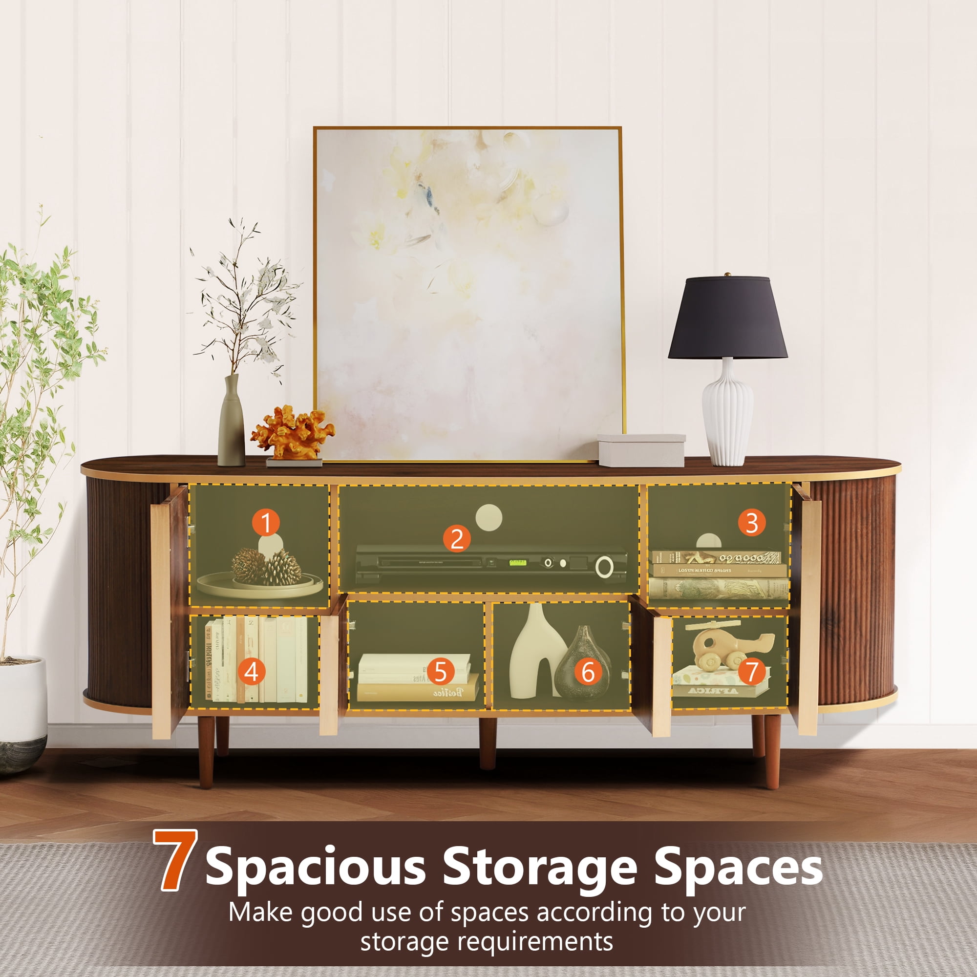 Magic Union 63" TV Stands, Fluted Modern Mid Century Entertainment Center Console for 55/60/65/70/75 inches TVs, Curved TV Stand with Open Storage & Side Cabinets, Living Room, Bedroom furniture