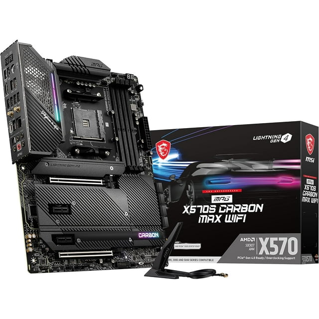 MSI MPG X570S Carbon MAX WiFi Gaming Motherboard displayed alongside its retail packaging. The ATX motherboard features a carbon fiber design with integrated Wi-Fi 6E, multiple M.2 slots, PCIe 4.0 support, and DDR4 memory compatibility. Ideal for AMD Ryzen processors, it includes advanced thermal solutions and premium components for durability and performance. The packaging highlights key features such as Lightning Gen 4 and overclocking support.
