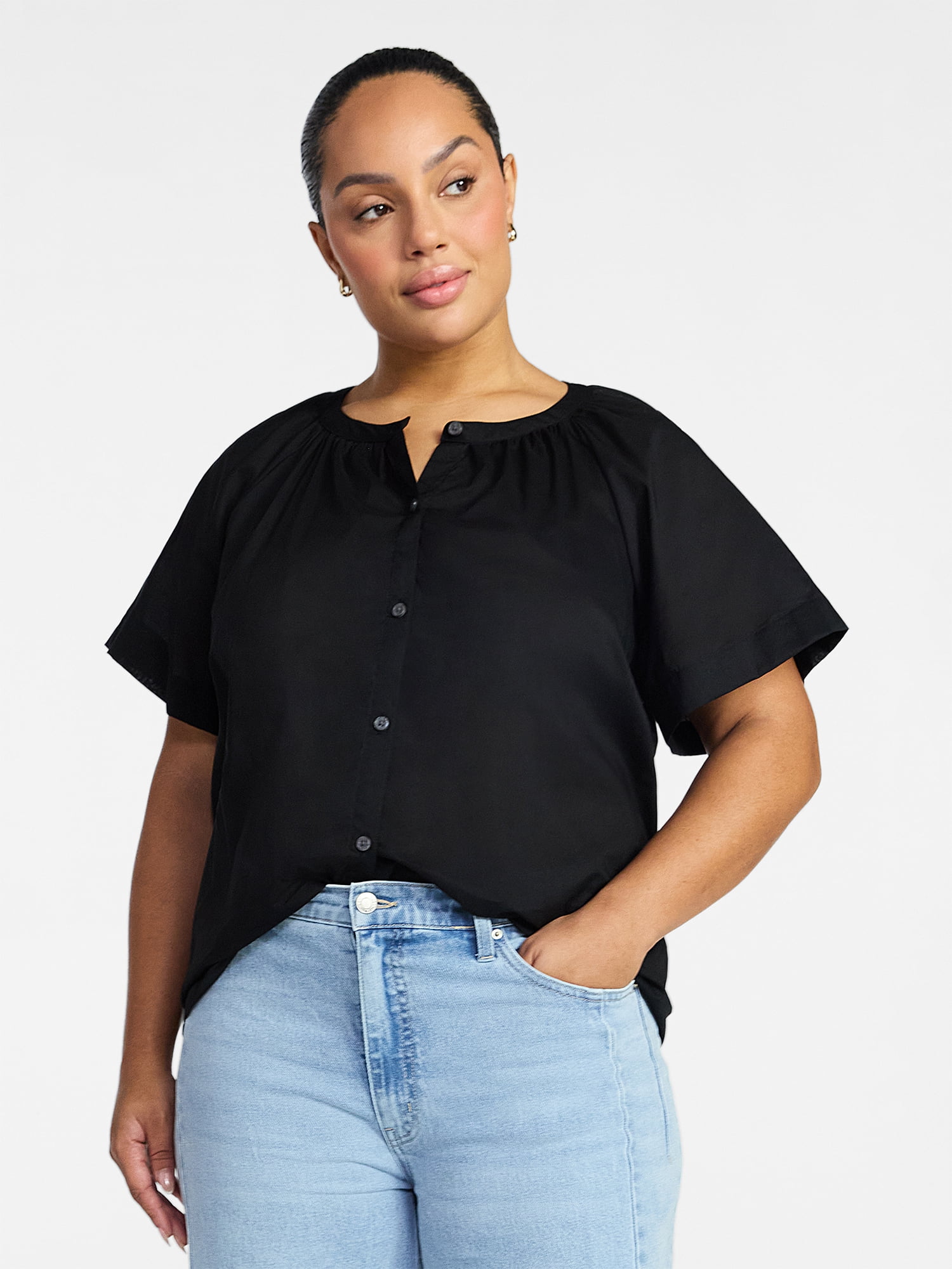 Time and Tru Women's Cotton Button Up Blouse with Short Sleeves, Sizes XS-XXXL
