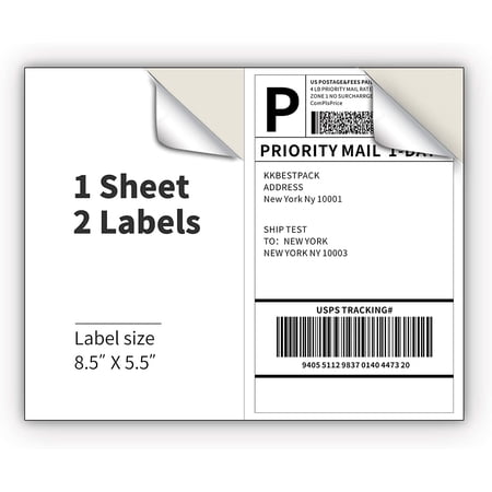 KKBESTPACK Half Sheet Shipping Labels for Laser and Inkjet Printers – 2 Per Page Self Adhesive Mailing Labels for Packages – White 8.5 x 5.5 Postage Labels for Shipping Boxes (500 Labels) (KK2LP)
