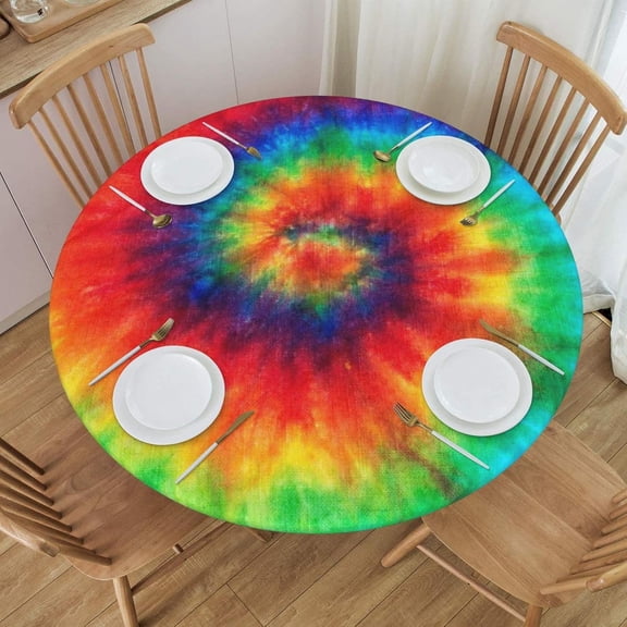 Tie Dye Round Tablecloth Fitted Elastic Table Cover Washable for Kitchen Dining Picnic Party Fit Tablecloth 45-50