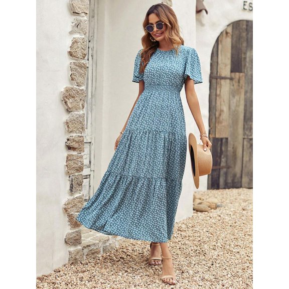 Ditsy Floral Print Shirred Waist Ruffle Hem Maxi Dress In Blue