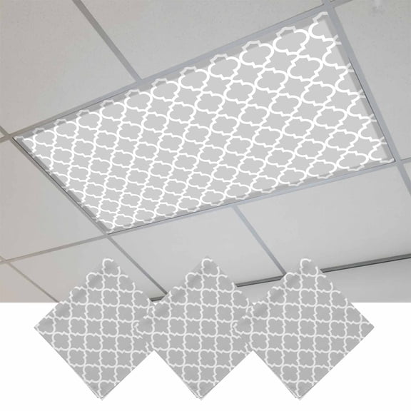 Fluorescent Light Covers for Ceiling Lights Classroom, Light Grey White Geometric Magnetic Ceiling Light Cover Filter for School,Office, 2X4 FT, Pack of 3, Minimalist Morocco Pattern