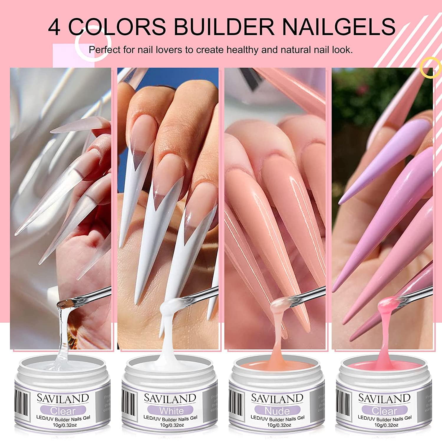 Saviland Clear Builder Nail Gels Kit - 4 Colors Harden Gel Nail Extension with Base/Top Coat,100PCS Nail Forms and Acrylic Nail Brush