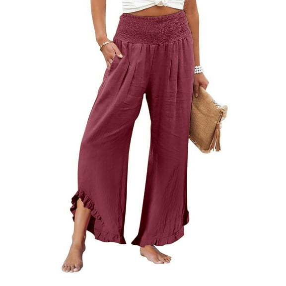 Hogleaql Women Cotton Linen Pants Soft Wide Leg Smocked Waist Ruffle Flowy Pants Vacation Palazzo Baggy Summer Trousers with Pockets Wine S