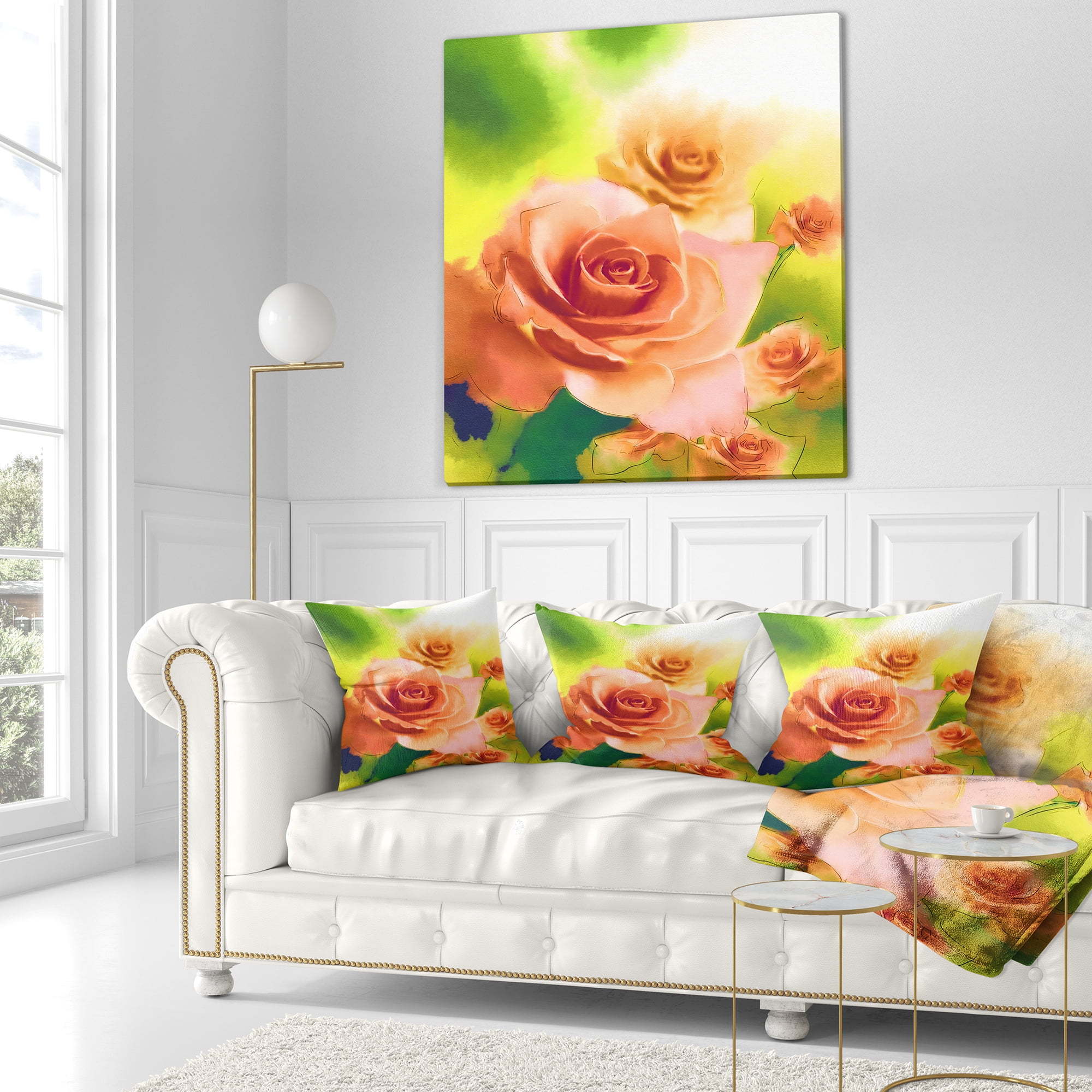 Designart Beautiful Watercolor Roses on Green - Flower Throw Pillow - 16x16