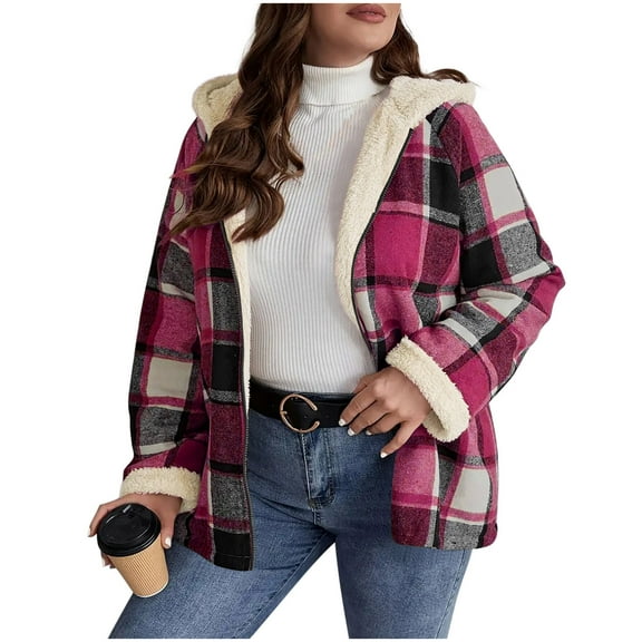 successthop Fleece Jackets for Women Warm Streetwear Oversized Long Sleeve Zip Up Hooded Coat Plaid Winter Outwear L