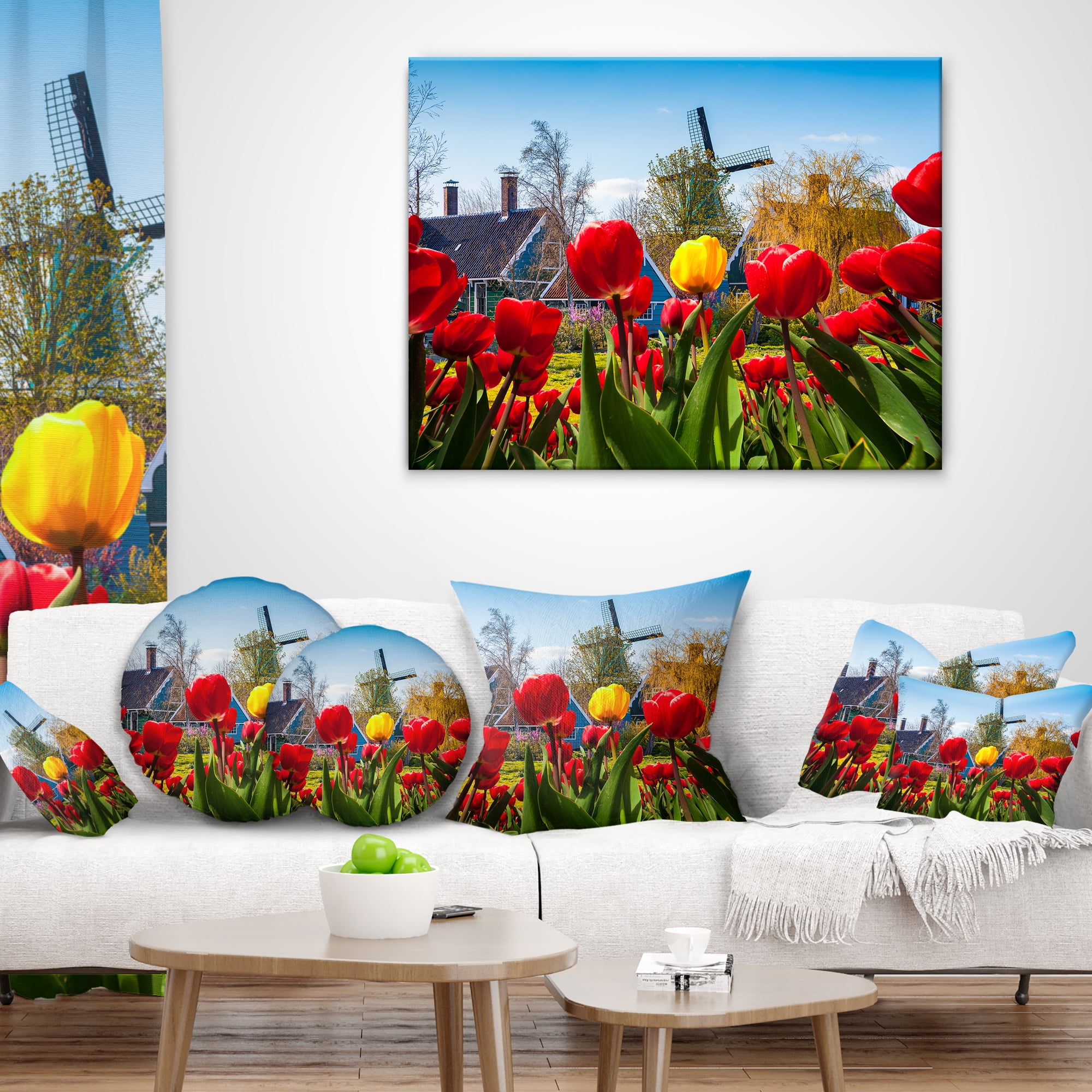 Designart Tulips in the Netherlands Village - Floral Throw Pillow - 16x16