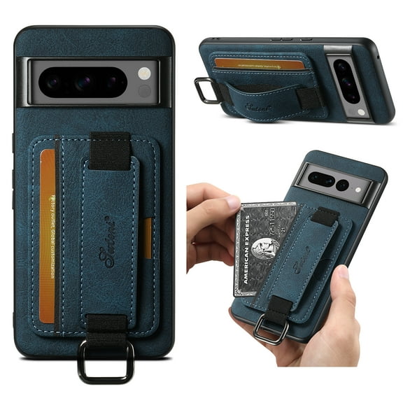 for Google Pixel 10 /10 Pro PU Leather Card Slots Back Case, Classic Wristband Kickstand Finger Ring Shockproof Protective TPU Frame Phone Case for Google Pixel 10 /10 Pro Women Men Boys Girls, Blue