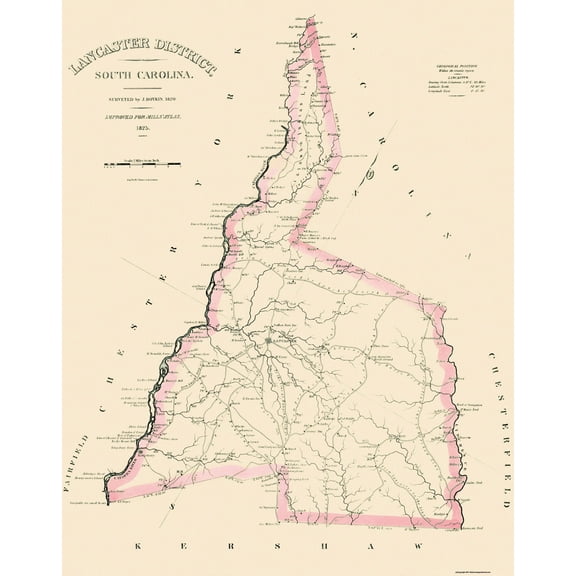 Historic County Map - Lancaster County South Carolina - Mills 1825 - 23 x 29.25 - Vintage Wall Art
