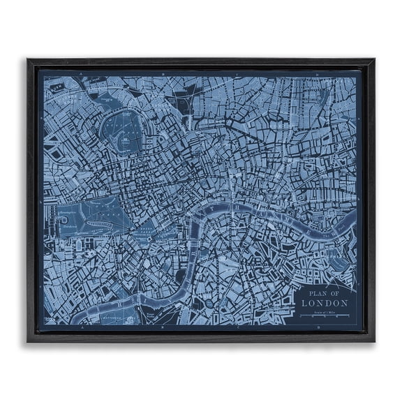 Stupell Industries Blue Detailed London Map Map Painting Black Floater Framed Canvas Art Print Wall Art, 21 x 17