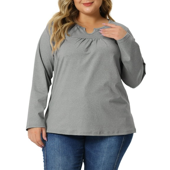 Unique Bargains Women's Plus Size Round Neck Long Sleeved T-Shirts Loose Tunic Blouses 1X Gray